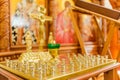 Interior of the Russian Orthodox Slavic Christian Church. Traditional candle holders, altar. Royalty Free Stock Photo