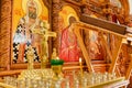 Interior of the Russian Orthodox Slavic Christian Church. Traditional candle holders, altar. Royalty Free Stock Photo