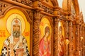 Interior of the Russian Orthodox Slavic Christian Church. Traditional candle holders, altar. Royalty Free Stock Photo