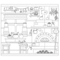 Interior of russian village house with Russian stove. Traditional farm house kitchen. Vector outline coloring