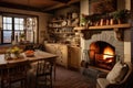 Interior of a rustic country house with fireplace and dining table, A cozy country kitchen with a warm, inviting fireplace, AI Royalty Free Stock Photo