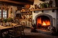 Interior of a rustic house with fireplace and dining table, A cozy country kitchen with a warm, inviting fireplace, AI Generated Royalty Free Stock Photo