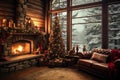 Interior of a rustic wooden cabin with a fireplace and a Christmas tree with large windows Royalty Free Stock Photo