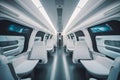 Interior of the salon of futuristic sci-fi train, transport of the future in modern style