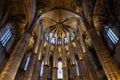 Interior of Santa Maria del Mar Basilica in typical Catalan Gothic. Detail of the apse with the Crowning of the Virgin Mary in the