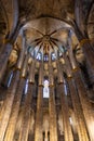 Interior of Santa Maria del Mar Basilica in typical Catalan Gothic. Detail of the lightful apse with the Crowning of the Virgin
