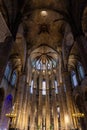 Interior of Santa Maria del Mar Basilica in typical Catalan Gothic style with high columns. Detail of the lightful apse, the