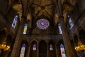 Interior of Santa Maria del Mar Basilica in typical Catalan Gothic style with pointed arches and high columns. Detail of the