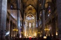 Interior of Santa Maria del Mar Basilica in typical Catalan Gothic style with pointed arches and high columns. La Ribera,