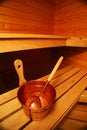 Interior of sauna, bucket and scoop Royalty Free Stock Photo