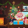 Interior scene of cartoon Santa Claus wrapping gifts for Christm Royalty Free Stock Photo