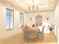 Interior scene panoramic dining room with beige color walls, parquet  floor, wooden table with chairs and window . 3d rendering Royalty Free Stock Photo