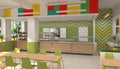 Interior of the school children`s canteen. 3D visualization of dining room for schoolchildren.