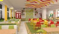 Interior of the school children`s canteen. 3D visualization of dining room for schoolchildren.