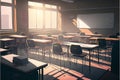 Interior of a school classroom with desks and chairs. 3d rendering Royalty Free Stock Photo