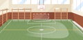 Interior of school gym equipped with basketball hoop, goal and wall bars. Indoor sports hall or court with equipment for