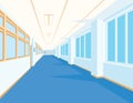 Interior of school hall with blue floor, windows and columns. Royalty Free Stock Photo