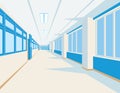 Interior of school hall in flat style. Vector illustration of university or college corridor with windows. Royalty Free Stock Photo