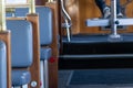 Interior seating of old wooden ferry boat with seating and captains chair