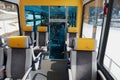 Interior of the second class panoramic car in the train of Matterhorn Gotthard Bahn between Brig and Zermatt.