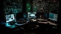 Interior of a server room with computers and electronic devices.