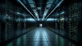 Interior of a server room, where server towers are visible on the left and right sides and a corridor runs through the center. Royalty Free Stock Photo