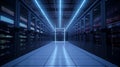 Interior of a server room, where server towers are visible on the left and right sides and a corridor runs through the center. Royalty Free Stock Photo