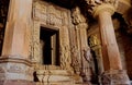 Interior of Shive temple in Khajuraho, India. Artworks, columns, reliefs and altar in the 10th century hindu temple