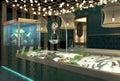 The interior of the shop fresh fish and seafood. Design project of the fish market. Live fish in an aquarium and fresh fish in a Royalty Free Stock Photo