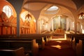 Interior shot of an empty church, concept of god worship and faith, generative ai