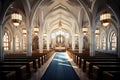 Interior shot of an empty church, concept of god worship and faith, generative ai