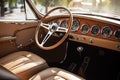 Vintage-inspired car steering wheel and dashboard controls. Generative AI Royalty Free Stock Photo
