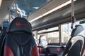 Interior shot of Go North East Wright Eclipse Gemini 3 bus showing company logo branding on seats