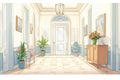 interior shot of greek revival hallway, magazine style illustration