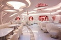 An interior shot of the iconic white bar with eccentric furniture, walls adorned with art, and customers in futuristic attire.