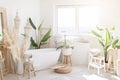 Interior Shot Of Light Stylish Bathroom In Boho Style With Rustic Decorations Royalty Free Stock Photo