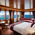 An interior shot of a luxurious cabin on a cruise with a plush polished wood and ocean views through the window Royalty Free Stock Photo