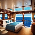 An interior shot of a luxurious cabin on a cruise with a plush polished wood and ocean views through the window