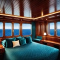 An interior shot of a luxurious cabin on a cruise with a plush polished wood and ocean views through the window Royalty Free Stock Photo