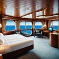 An interior shot of a luxurious cabin on a cruise with a plush polished wood and ocean views through the window Royalty Free Stock Photo