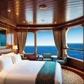 An interior shot of a luxurious cabin on a cruise with a plush polished wood and ocean views through the window