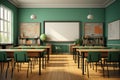 Interior shot of a school classroom featuring desks, chairs, and a blank chalkboard