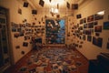 An interior shot showcasing a room with numerous pictures hanging on the wall, A room adorned with strings of romantic Polaroid