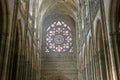 Interior shot of St. Vitus Cathedral in Prague, a gothic style stained glass window