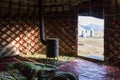 Interior shot of a traditional yurt with stove at Song Kul lake