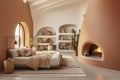 Earth-Toned Modern Bedroom Interior with Natural Shelves and Clay Fireplace