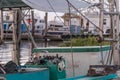 Interior of shrimp fishing boat docked on shore in southern bayou