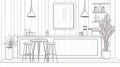 Minimalist Cafe Interior Sketch - Bar Counter, Plant, Stools Royalty Free Stock Photo
