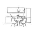 Interior sketch of kitchen room. Outline blueprint design of kitchen with modern furniture. The kitchen is one line. Royalty Free Stock Photo