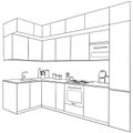 Interior sketch of kitchen room. Outline blueprint design of kitchen with modern furniture Royalty Free Stock Photo